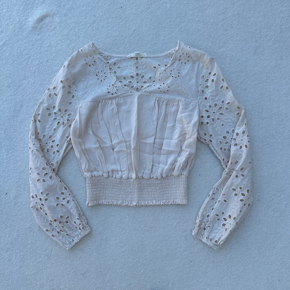 Shabby Chic Smocked Waist Long Sleeve Crop Top Women's S Beige Floral Eyelet